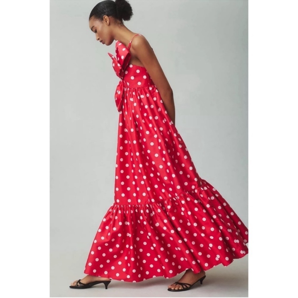 Anthropologie Atsu Sally Bow Polka Dot One Shoulder Midi Dress Red Medium NWT - Picture 9 of 12